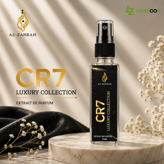 A bottle of Az-Zahrah CR7 Luxury Collection Extrait de Parfum stands on a round marble pedestal. The perfume bottle is clear glass with a black spray top and a black label featuring gold lettering.