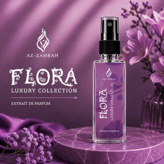 A clear rectangular perfume spray bottle with a black pump and purple label reading 'AZ-ZAHRAH FLORA LUXURY COLLECTION EXTRAIT DE PARFUM', displayed on a purple marble pedestal with purple flowers and draped fabric in a styled studio setup.