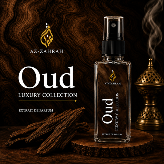 A bottle of Az-Zahrah Oud Luxury Collection extrait de parfum stands on a wooden slice against a dark wood background, with whole spices and a brass incense burner nearby. Large product text and the Az-Zahrah logo appear on the left.