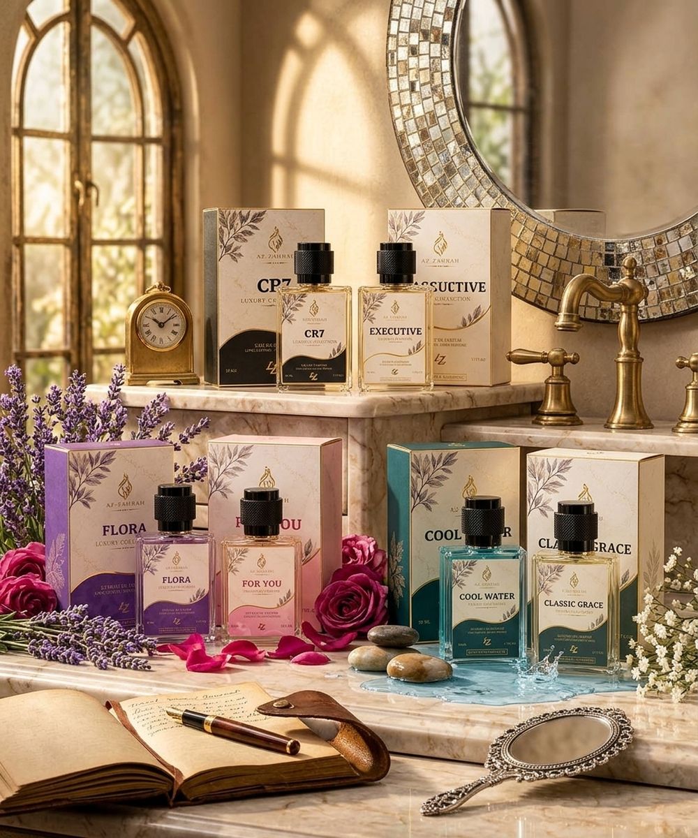 Livezook perfumes arranged on a dressing table